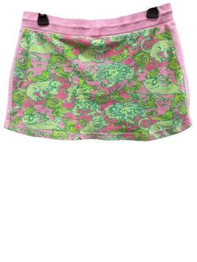 Vintage Lilly Pulitzer Pink & Green Printed Mini Skirt With Drawstring Waist - S